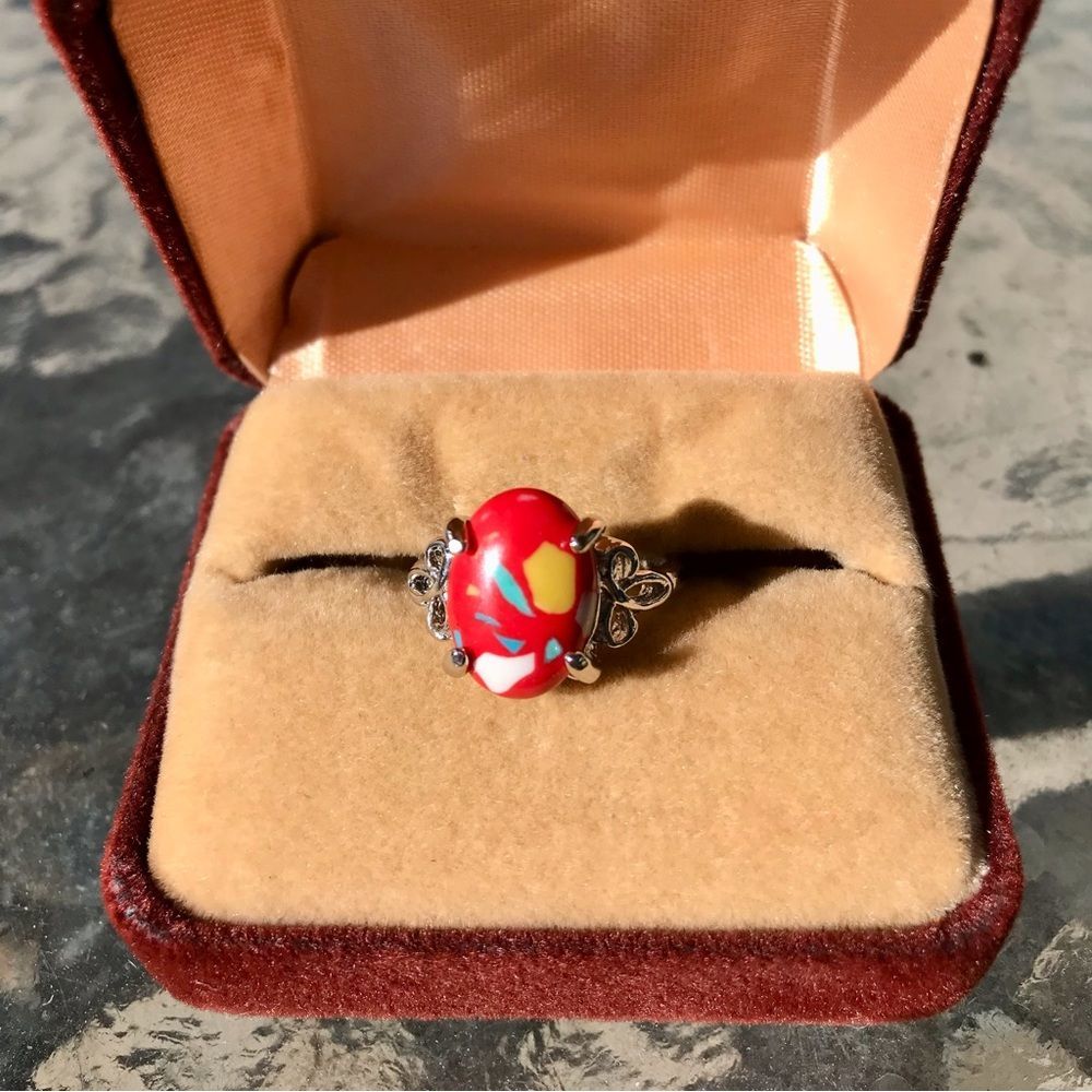 Red Coral Ring with Silver Toned Setting & Band - Picture 2 of 7